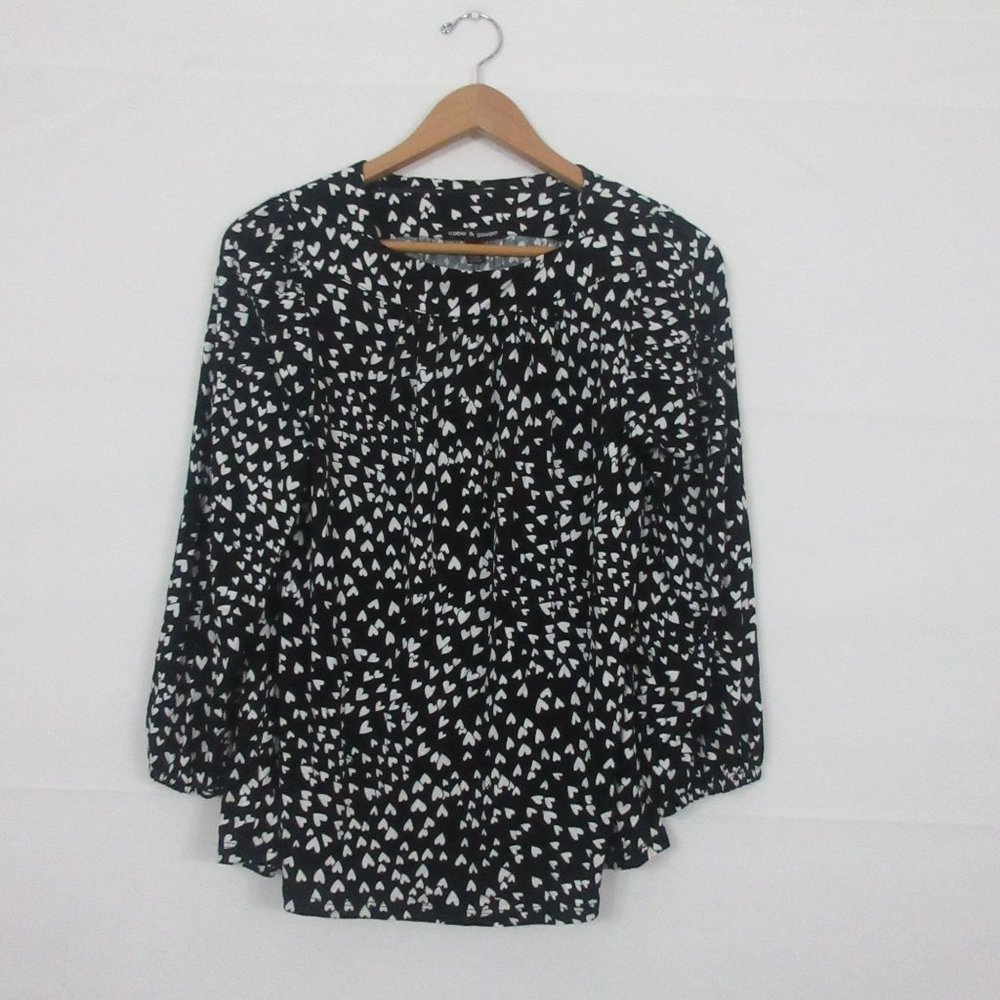 Cable & gage Women's Blouse Small Black & White Heart Print Viscose Top